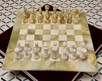 Handmade Green Onyx Marble Chess Set | 12-Inch Vintage Luxury Board