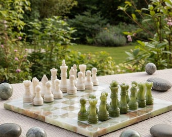 Juego de ajedrez de mármol ónix verde – Juego de mesa gigante hecho a mano de 40 cm