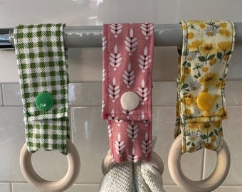 Fabric towel rack with wooden ring - sustainable kitchen/bathroom accessories - handmade - modern towel hanging system