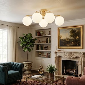 Handmade Brass Globe Chandelier – 5-Light Milk Glass Flush Mount Ceiling Light