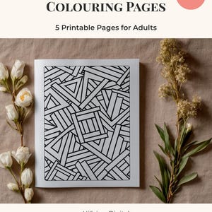 May include: A printable colouring page for adults with angular geometric designs. The page features a black and white pattern of lines and shapes. The text "ANGULAR GEOMETRY COLOURING PAGES" is at the top, with "5 Printable Pages for Adults" below it.
