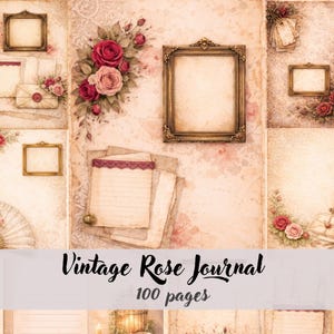 Può includere: Un design in stile collage con un'estetica vintage. L'immagine include cornici dorate ornate, carta invecchiata e composizioni floreali di rose rosse e rosa. Il testo "Vintage Rose Journal" e "100 pagine" è visualizzato in basso.