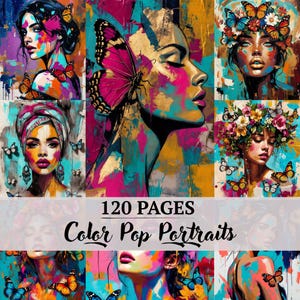 Bold artistic journal pages with vibrant portraits, butterflies and expressive color splashes. Perfect for junk journals and collage.