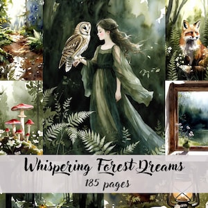 Può includere: Illustrazione ad acquerello con una donna in abito verde con un gufo. L'opera d'arte ha un tema forestale con felci, funghi e una volpe. Il testo "Whispering Forest Dreams" e "185 pagine" sono inclusi.