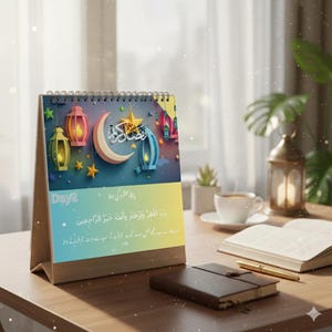 May include: A decorative desk calendar with a spiral binding, featuring a crescent moon, stars, and colorful lanterns. The calendar has text in a foreign language and the word "Day2". The calendar is on a wooden desk.