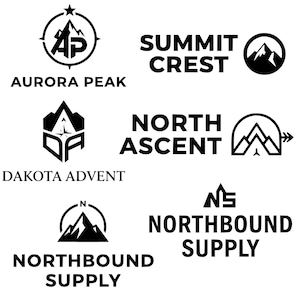 Peut inclure: Plusieurs logos noirs et blancs sur le thème de la montagne et de l'aventure en plein air. Les logos incluent du texte tel que "Aurora Peak", "Summit Crest", "North Ascent", "Dakota Advent" et "Northbound Supply".