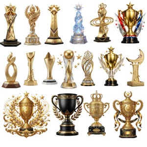 Puede incluir: Una colección de diecisiete trofeos diversos con varios diseños, incluyendo copas doradas, pilares coronados por estrellas, esculturas metálicas intrincadas y elementos de cristal, todos montados sobre bases sólidas.