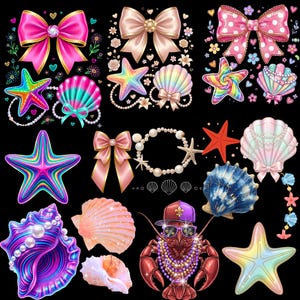 May include: A collection of colorful, whimsical illustrations featuring bows, seashells, starfish, and a lobster wearing sunglasses and a hat. The designs include pearls, hearts, and floral accents, all set against a black background.