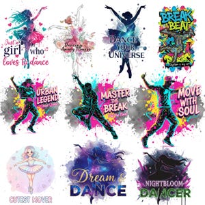 Könnte beinhalten: Sammlung von Grafiken zum Thema Tanz. Die Bilder zeigen Tänzer in verschiedenen Stilen, mit Textüberlagerungen wie "Dance Your Universe" und "Urban Legend". Die Designs verwenden lebendige Farben und künstlerische Stile.