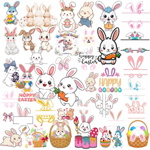 May include: A collection of colorful Easter-themed illustrations featuring cartoon bunnies, Easter eggs, and decorative elements. The images include bunnies holding carrots, eggs, and baskets, with text that says "Happy Easter" and "So Excited Today!"