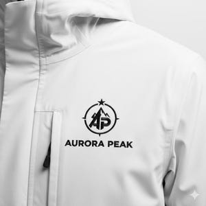 May include: A white jacket with a hood and a black logo on the chest. The logo features a mountain design with the text "AURORA PEAK" below it. The jacket has a zipper pocket and a subtle diamond-shaped detail.