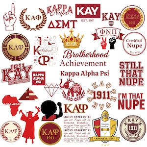 Może przedstawiać: Zbiór czerwonych i złotych grafik bractw i stowarzyszeń, w tym herbów, koron i tekstów takich jak "KAY 1911" i "Kappa Alpha Psi". Projekt zawiera różne symbole i frazy związane z greckim życiem.