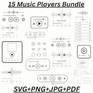 May include: A collection of 15 black and white music player designs. Each design includes play, pause, skip, and volume controls. The text "15 Music Players Bundle" and "SVG+PNG+JPG+PDF" are also included.