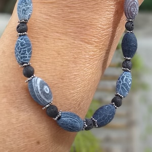 Fossil Agate and Black Lava 925 Sterling Silver Necklace, Black and White Agate Men or Women Necklace