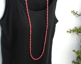 Red Coral and White Pearl 925 Sterling Silver Long Necklace 41.25" , Deep Red Coral Long Necklace, June Birthstone