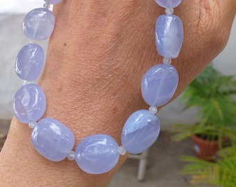 Blue Chalcedony with White Moonstone Oval Necklace in 925 Sterling Sliver, March Birthstone