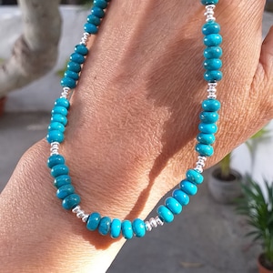 Echte blauw turkoois zilveren ketting, tribal turquoise ketting, boho turkoois heuvelstamzilver, geboortesteen december