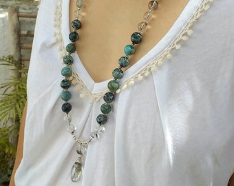 Green Phantom Quartz Pendant, Mexican Turquoise Long Necklace 32", Green Phantom Quartz Long Necklace, Turquoise Long Necklace