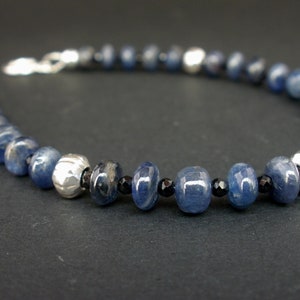 Blue Sapphire Rondelle Shape 5.5mm Hill Tribe Silver Bracelet, Denim Bracelet, Sapphire and Black Spinel Bracelet, September Birthstone