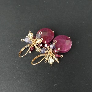 Ruby Cluster 14kt Gold Filled Earrings, Ruby Faceted Earrings, Multi Gemstone Cluster Earrings, July Birthstone Ruby Gemstone