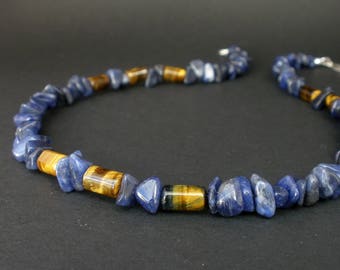 Men Gemstone Sodalite and Tigereye Necklace, Men Multi Gemstone Necklace, Men Denim Necklace, Men Tigereye Necklace