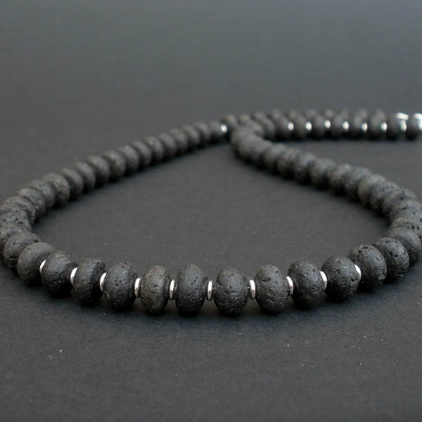 Black Lava Rondelle Shape 8mm 925 Sterling Silver Necklace, Black Lava and 925 Sterling Silver, Lanzarote Necklace Lava Stone