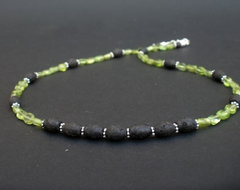 Black Lava and Natural Gemstone Perdot 925 Silver Necklace, Peridot Bali Silver Necklace, Lava Bali Silver Necklace Peridot Stone