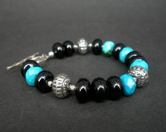 Black Tourmaline and Faceted Blue Turquoise Bracelet, Bali Silver Hilltribe Silver, Tourmaline Rondelle Bracelet, Genuine Turquoise Bracelet