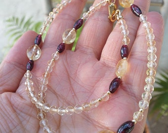 Collar de granate y citrino chapado en oro de 14 quilates, collar de piedras preciosas múltiples, piedra natal de enero