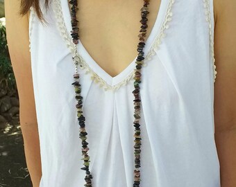 Rainbow Tourmaline 925 Sterling Silver 49 Inches Long Necklace, Tourmaline Double Wrap Necklace, October Birthstone