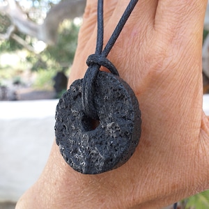RESERVED Black Lava Donut 40mm Unique Cut Necklace, Rough Lava Donut, Lava Energy, Lava Power, Basalt Lava Stone