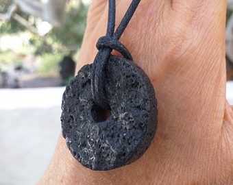 Natural Black Lava Donut 40mm Unique Cut Necklace, Rough Lava Donut, Lava Energy, Lava Power, Basalt Lava Stone
