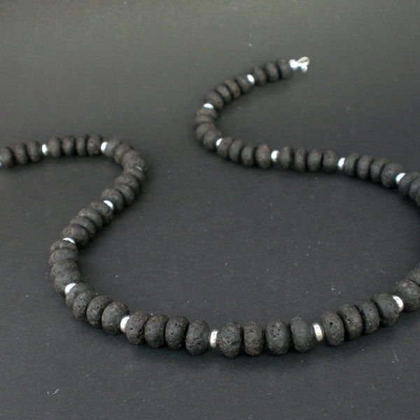 Natural Black Lava Rondelle Shape 9mm 925 Sterling Silver Necklace, Black Lava and 925 Sterling Silver, Lanzarote Necklace