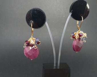 Ruby Cluster 14kt Gold Filled Earrings, Ruby Faceted Earrings, Multi Gemstone Cluster Earrings, July Birthstone Ruby Gemstone