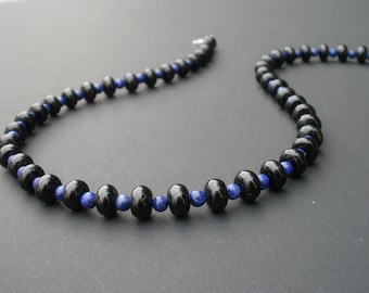 Black Tourmaline Rondelle Necklace with Lapis, 925 Sterling Silver, Tourmaline Necklace, Lapis Necklace, October Birthstone