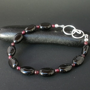 Black Tourmaline Bracelet with Garnet, 925 Sterling Silver, Tourmaline Bracelet, Garnet Bracelet, January - October Birthstone