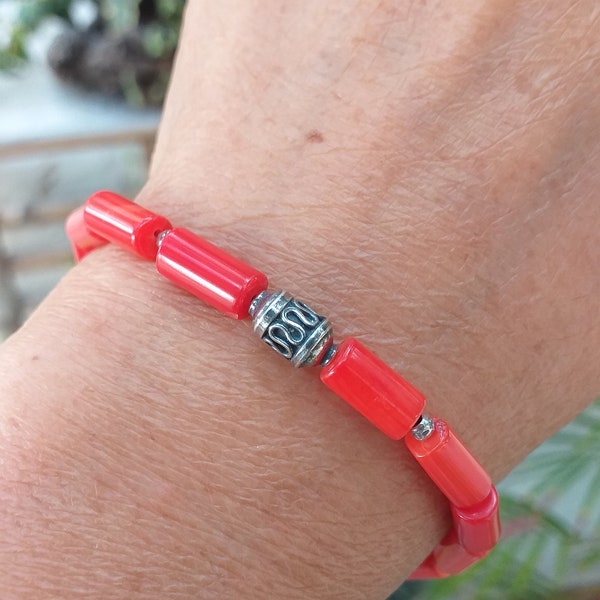 Coral Bali Silver Bracelet, Hill Tribe Silver, Orange Red Coral Cylinder Bracelet, Red Coral Bracelet