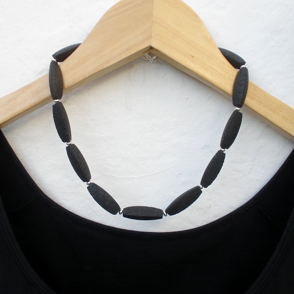 Black Lava Long Trillion Shaped 925 Sterling Silver Necklace, Lava Statement Necklace, Lanzarote Necklace Lava Stone.