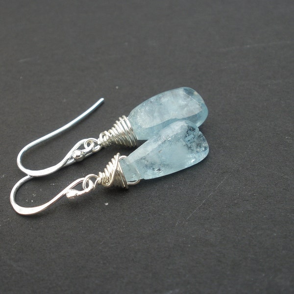 Aqua Blue Natural Gemstone Beryl Aquamarine AA Grade Long Natural Shape, 925 Sterling Silver Dangle Earrings, March Birthstone