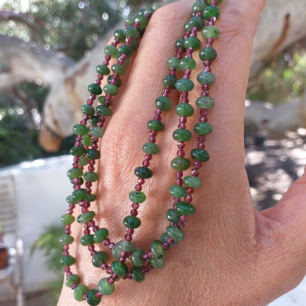 Green Jade and Red Garnet Long Necklace 36.5 " 925 Silver, Multi Gemstone Long Necklace, Green and Red Stone Necklace