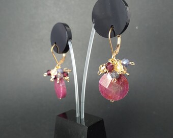 Ruby Cluster 14kt Gold Filled Earrings, Multi Gemstone Cluster Earrings, July Birthstone