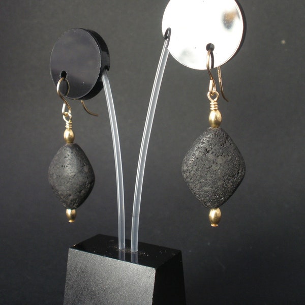 Natural Black Lava Diamond Shape 14kt Yellow Gold Filled Dangle Earrings, Black and Gold Earrings, Lava Earrings, Lanzarote Earrings