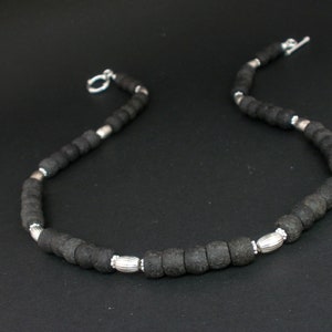 Black Lava and Corrugated Silver Necklace, 925 Sterling Silver, Lava Bali Silver Necklace, Power Necklace, Volcanic Basalt Lava Stone
