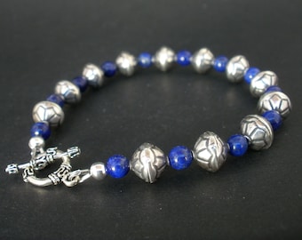 Lapis Lazuli and 925 Bali Silver Bracelet, Men Women Lapis Bracelet, Oxidized Silver Bracelet Lapis Lazuli Stone