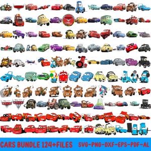 May include: A collection of cartoon car illustrations in various colors and designs. The image includes characters from the Cars movie franchise, with the text "CARS BUNDLE 124+FILES" at the bottom.