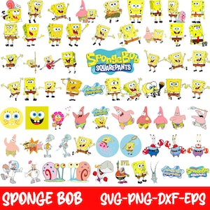 Puede incluir: Una colección de gráficos de personajes de dibujos animados de la serie animada Bob Esponja. La imagen presenta varias poses de Bob Esponja, Patricio Estrella, Calamardo y Don Cangrejo, junto con el logotipo y el texto del programa.