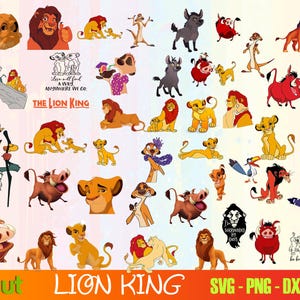 May include: A collection of colorful illustrations featuring characters from The Lion King. The images include lions, Timon, Pumbaa, Zazu, and other characters. The text "Love will find a way, anywhere we go" is also included.