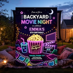 Vorlage für eine Gartenparty mit Filmabend, bearbeitbare Canva-Einladung, digitaler Download für eine Neon-Glow-Mädchenparty