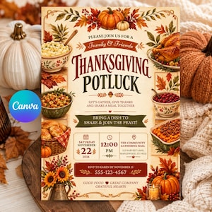 Pode incluir: Um folheto de convite para um jantar de Ação de Graças com ilustrações de abóboras, folhas de outono, um peru assado e vários pratos. O texto diz: Please join us for a family & friends Thanksgiving potluck, let's gather, give thanks and share a meal together, bring a dish to share & join the feast, Saturday November 22 2026, 12:00 PM, The Community Gathering Hall, 123 Harvest Lane, Maplewood, ST 54321, RSVP to Karen by November 15, 555-123-4567, good food, great company, grateful hearts.