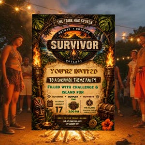 May include: A Survivor theme party invitation flyer featuring a central logo with the text THE TRIBE HAS SPOKEN, SURVIVOR, OUTWIT, OUTPLAY, OUTLAST. The design includes tiki torches, tropical leaves, a wooden mask, and a treasure chest illustration.
